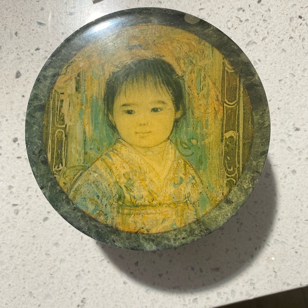 Trinket Box Vintage‎ Hibel Painted Green Marble 1985